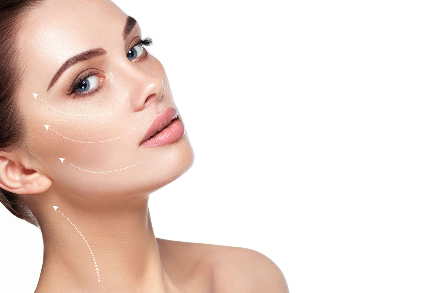 Woman's face with skincare lines indicating areas of focus on a white background
